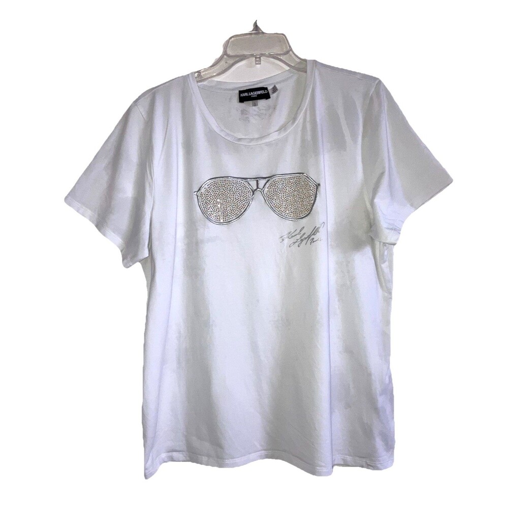 KARL LAGERFIELD sz XL White Cotton Short Sleeve T Shirt Rhinestone Sunglasses